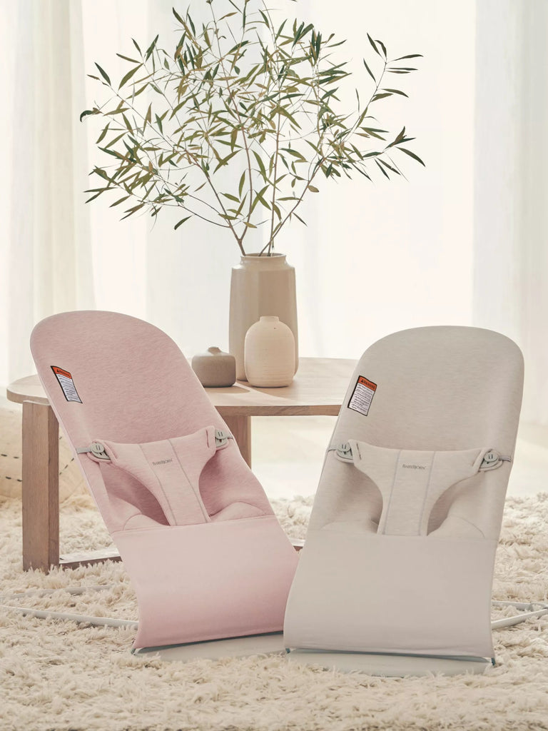 Two Baby Bjorn Bouncers with coffee table and plant