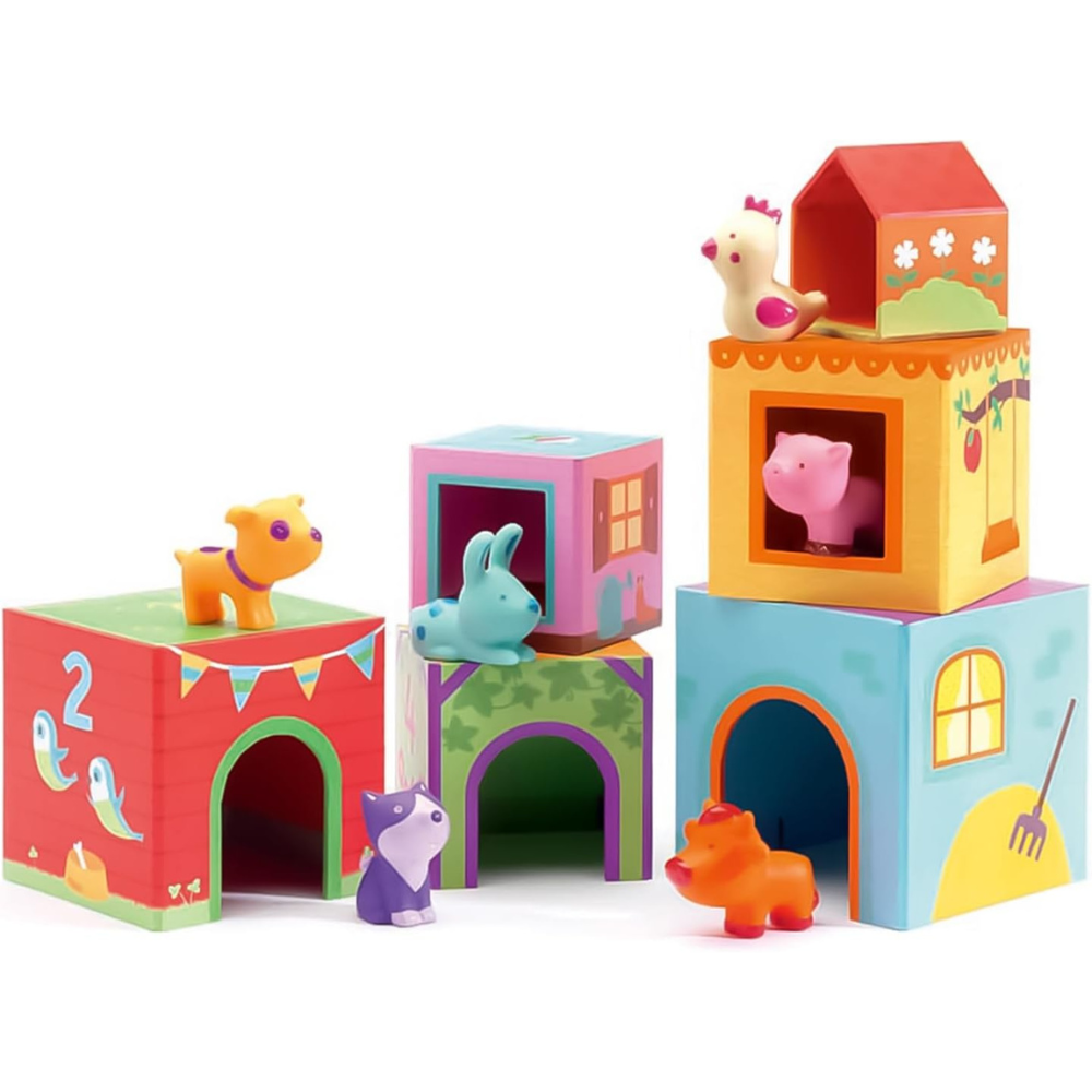 Djeco - Topanifarm Nest and Stack - Blocks + Animals-Pretend Play-Posh Baby