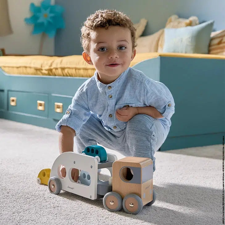 Janod - Car Carrier With Three Vehicles-Interactive-Posh Baby