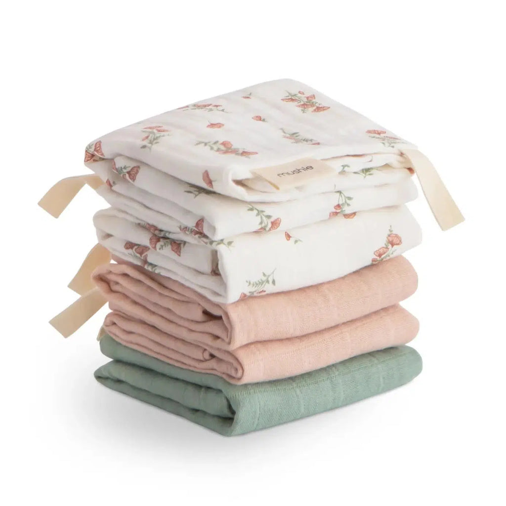 Mushie - Muslin Cotton Washcloth 5-Pack - Pink Flowers Combo-Towels + Washcloths-Posh Baby