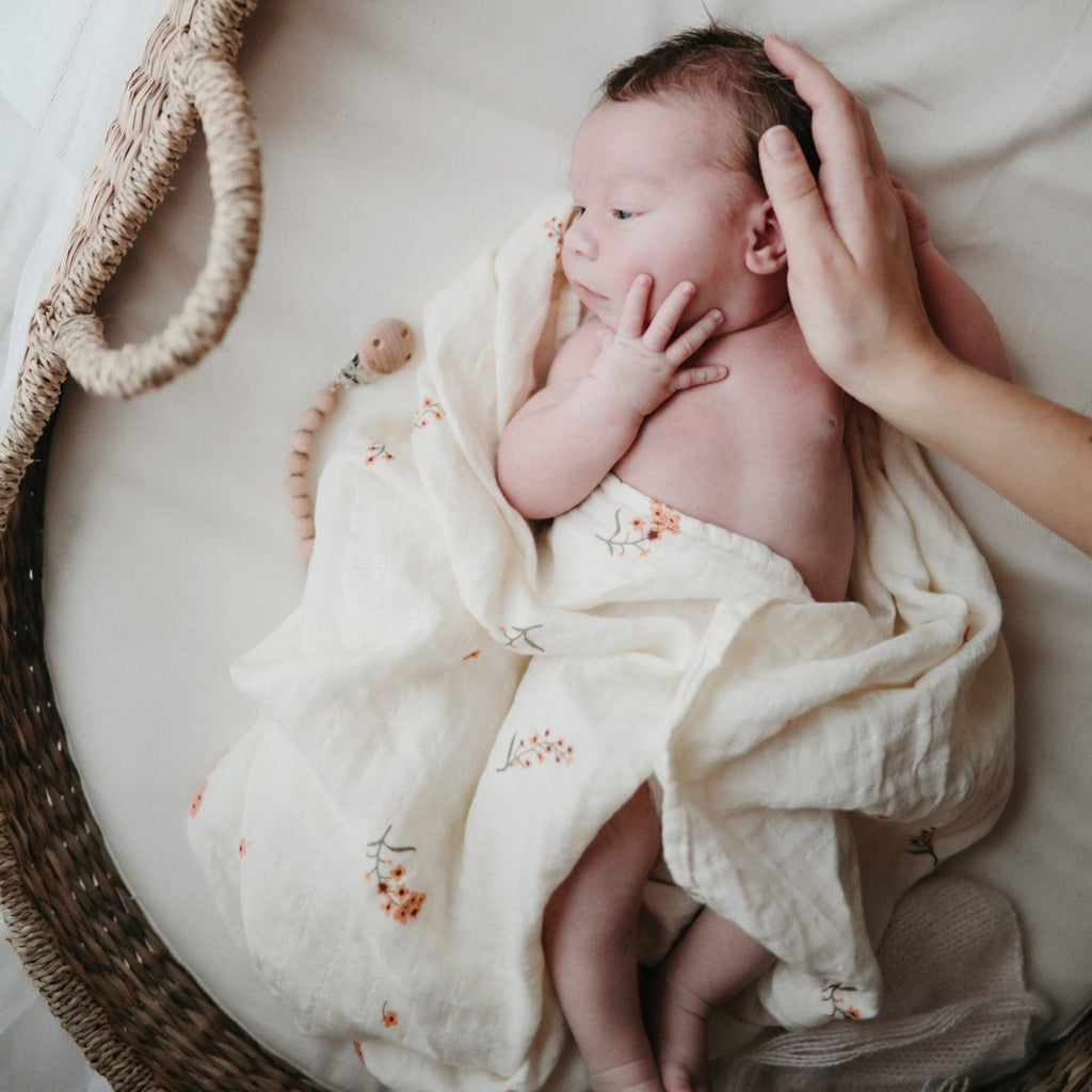 Mushie - Organic Cotton Muslin Swaddle Blanket - Flowers-Swaddle Blankets-Posh Baby