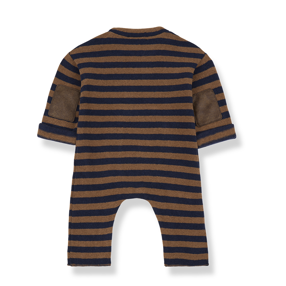 1+ In The Family - Kangaroo Pocket Jumpsuit - Chestnut + Navy Stripe-Footies + Rompers (Fashion)-0-3M (3M)-Posh Baby