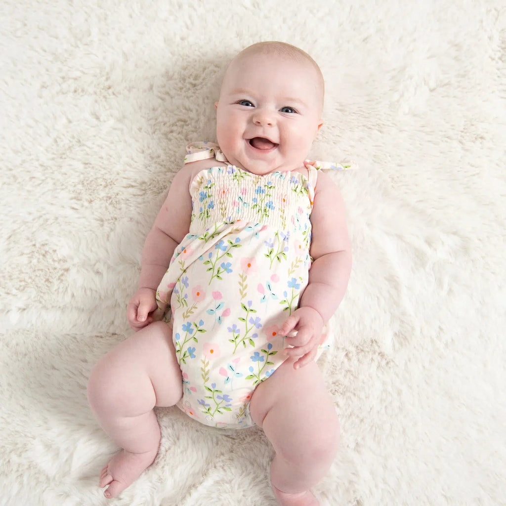 Angel Dear - Organic Smocked Bubble Romper - Simple Pretty Floral-Footies + Rompers (Fashion)-0-3M-Posh Baby