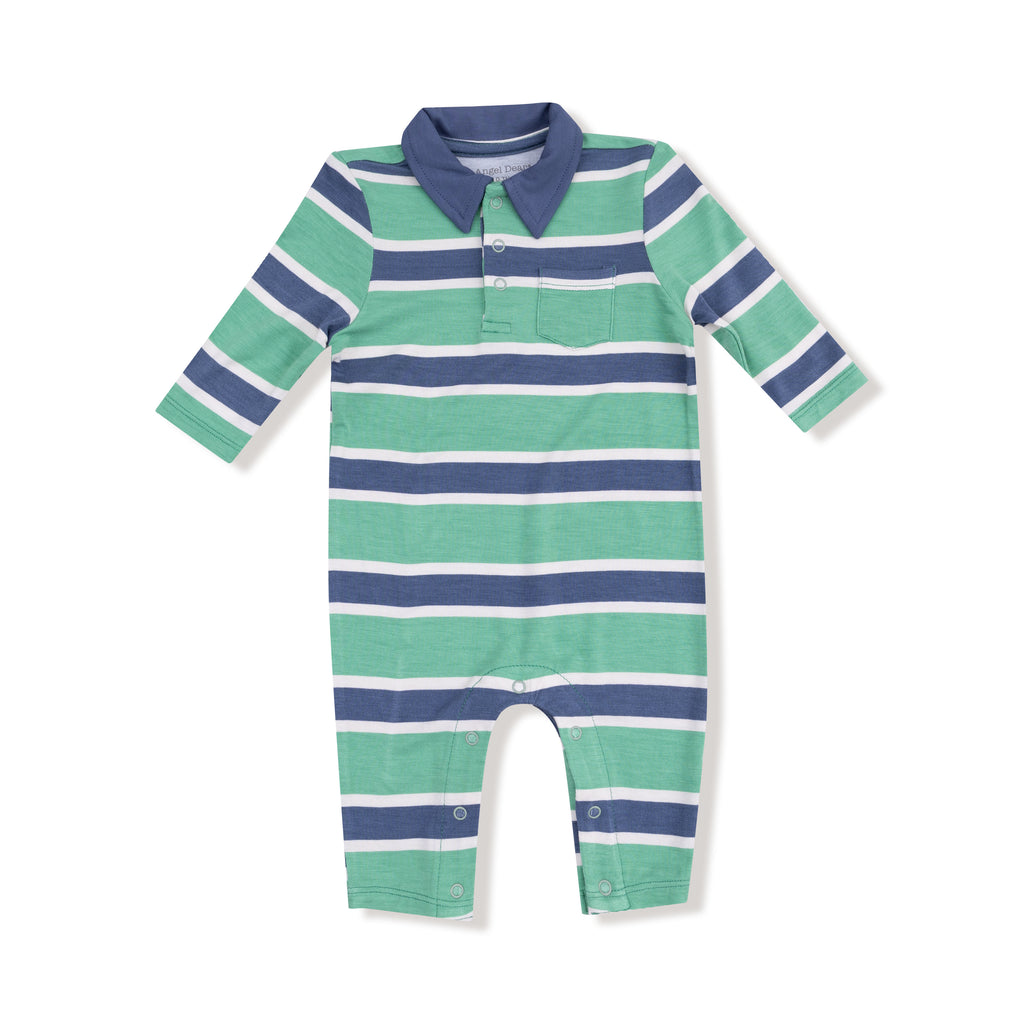 Angel Dear - Polo Romper - Green + Blue Stripe-Footies + Rompers (Fashion)-0-3M-Posh Baby