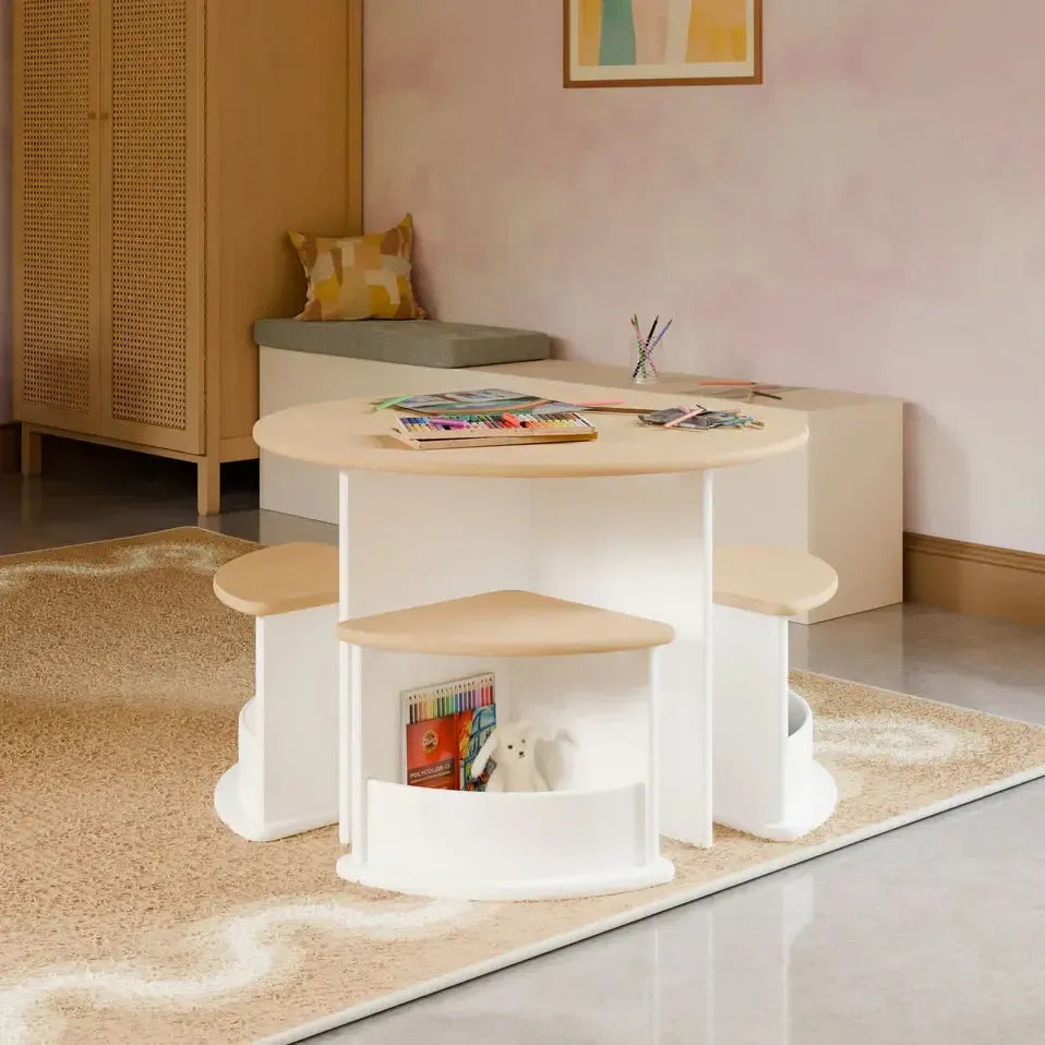 Babyletto - Nessa Nesting Play Table Set - White + Washed Natural-Play Table + Chairs-Posh Baby