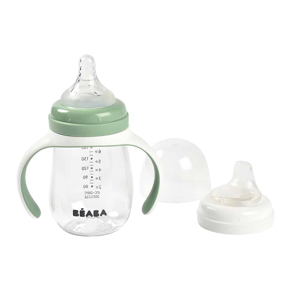 Beaba - 2-in-1 Bottle To Sippy Training Cup - Sage-Plates + Bowls + Cups + Utensils-Posh Baby