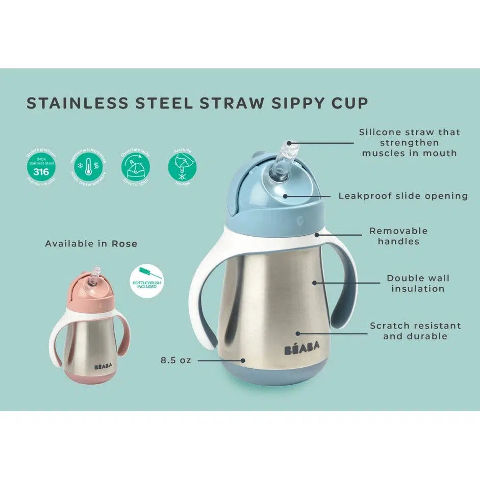 Beaba - Stainless Steel Straw Sippy Cup-Plates + Bowls + Cups + Utensils-Charcoal-Posh Baby