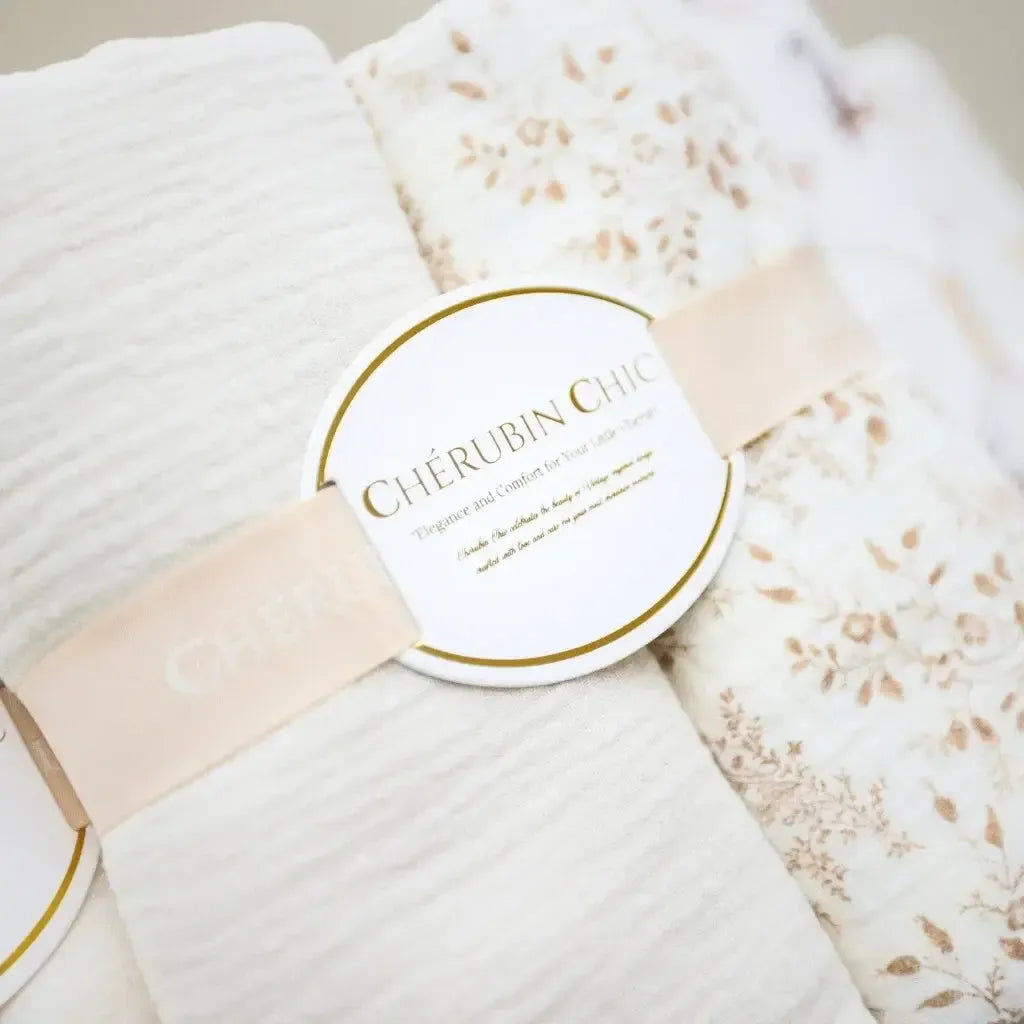 Cherubin Chic - Organic Muslin Baby Blanket 2-Pack - Beige + Floral Taupe-Quilts + Snuggle Blankets-Posh Baby