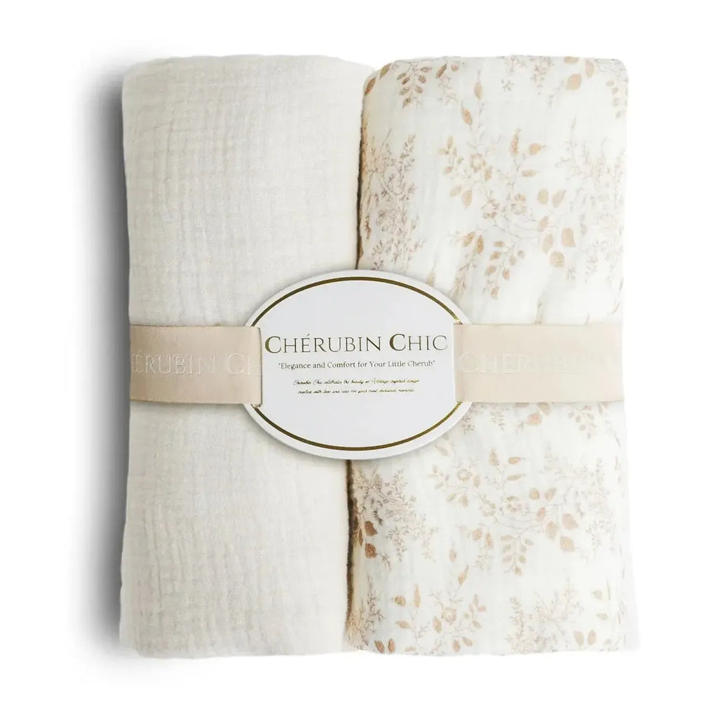 Cherubin Chic - Organic Muslin Baby Blanket 2-Pack - Beige + Floral Taupe-Quilts + Snuggle Blankets-Posh Baby