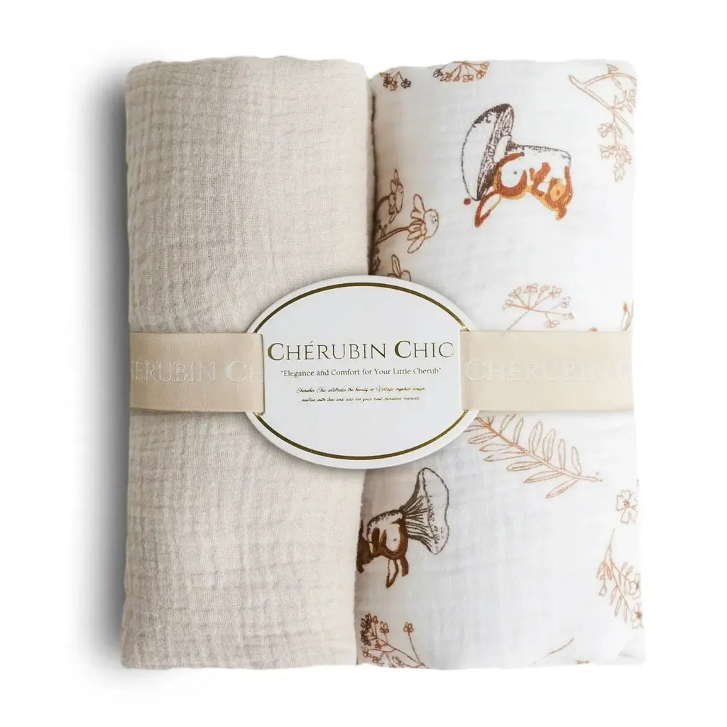 Cherubin Chic - Organic Muslin Baby Blanket 2-Pack - Beige Forest-Quilts + Snuggle Blankets-Posh Baby