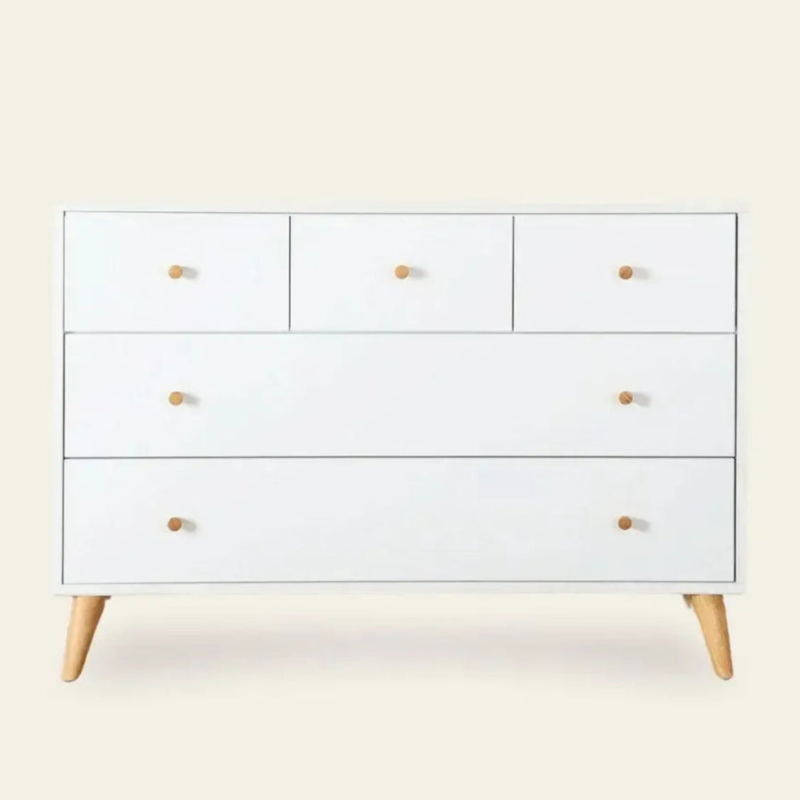 Dadada - Austin Five Drawer Dresser-Dressers + Changing Tables-White + Natural-Posh Baby