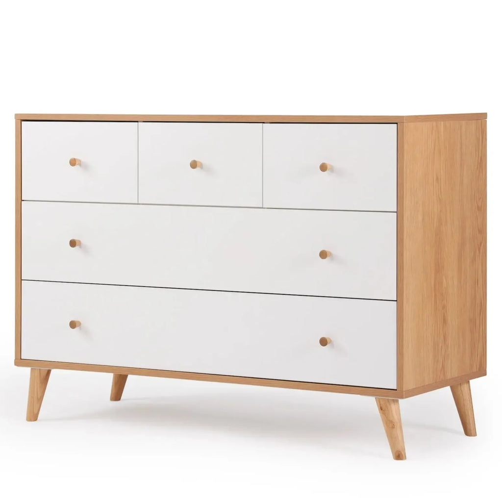 Dadada - Austin Five Drawer Dresser-Dressers + Changing Tables-White + Natural-Posh Baby