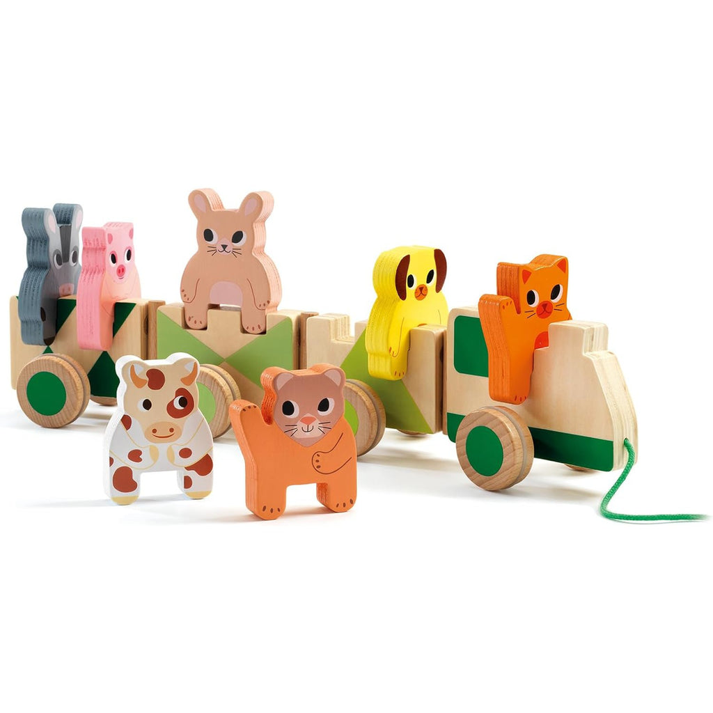 Djeco - Wooden Trainimo Farm Pull Toy-Interactive-Posh Baby