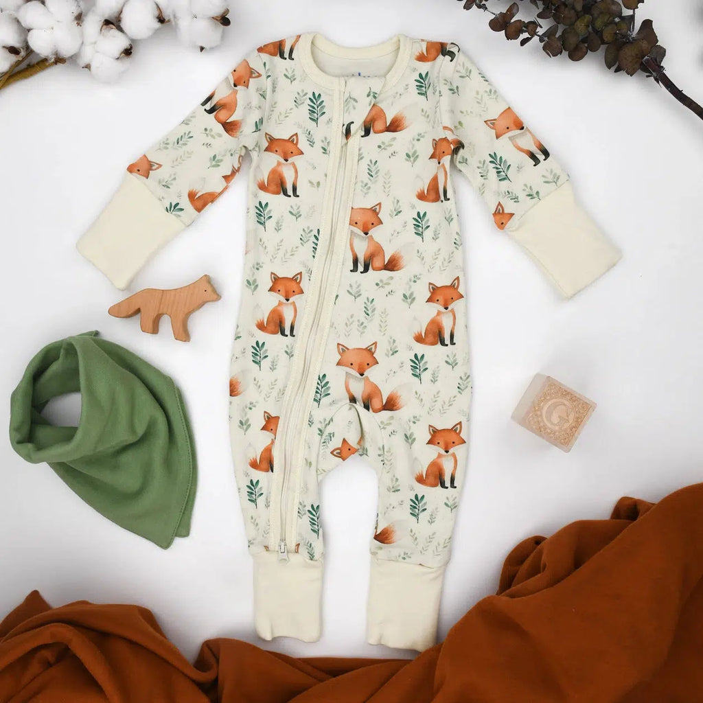 Earthy - Organic Cotton Zipper Sleeper - Foxes-Footies + Rompers (Basic)-Preemie-Posh Baby