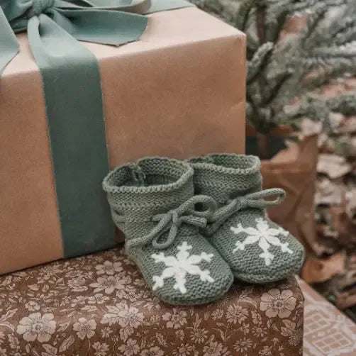 Elegant Baby - Garter Knit Booties - Green Snowflake-Shoes + Booties-0-12M-Posh Baby