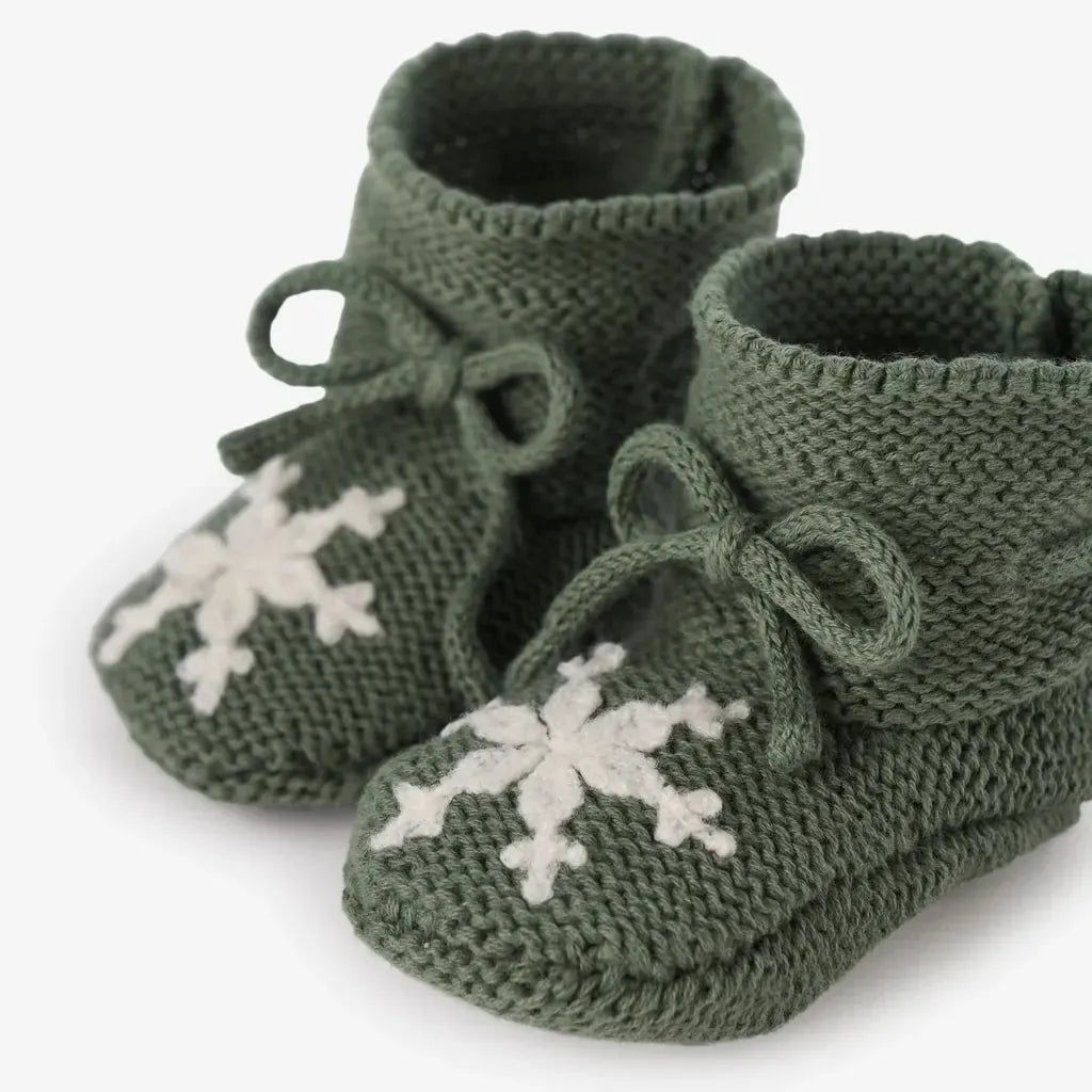 Elegant Baby - Garter Knit Booties - Green Snowflake-Shoes + Booties-0-12M-Posh Baby