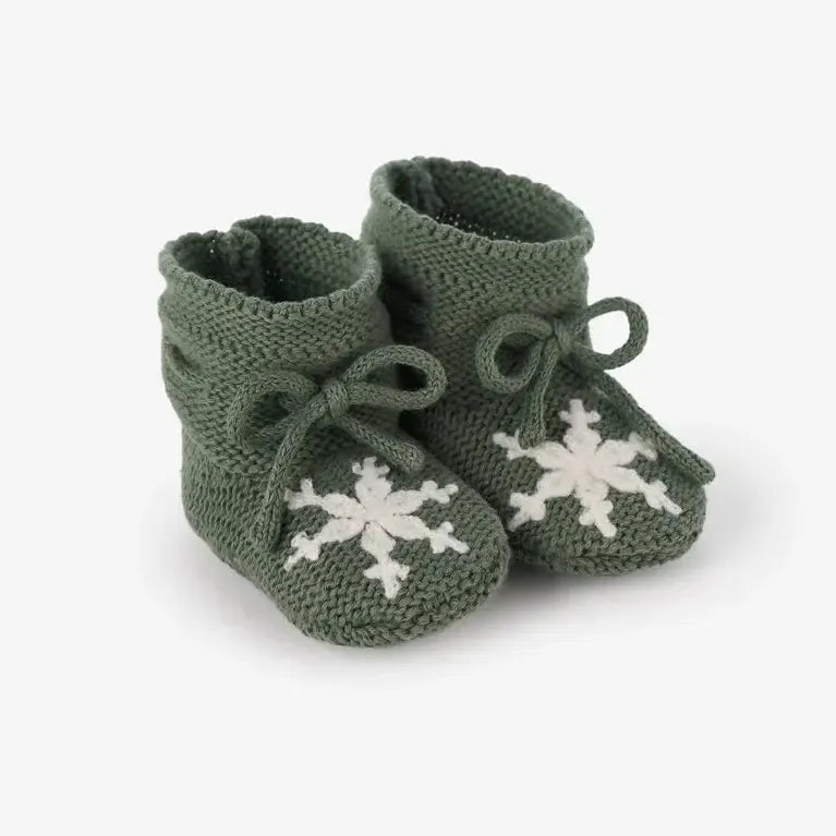 Elegant Baby - Garter Knit Booties - Green Snowflake-Shoes + Booties-0-12M-Posh Baby