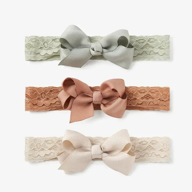 Elegant Baby - Lacey Headband Bows 3-Pack - Neutral-Hair Accessories-0-12M-Posh Baby
