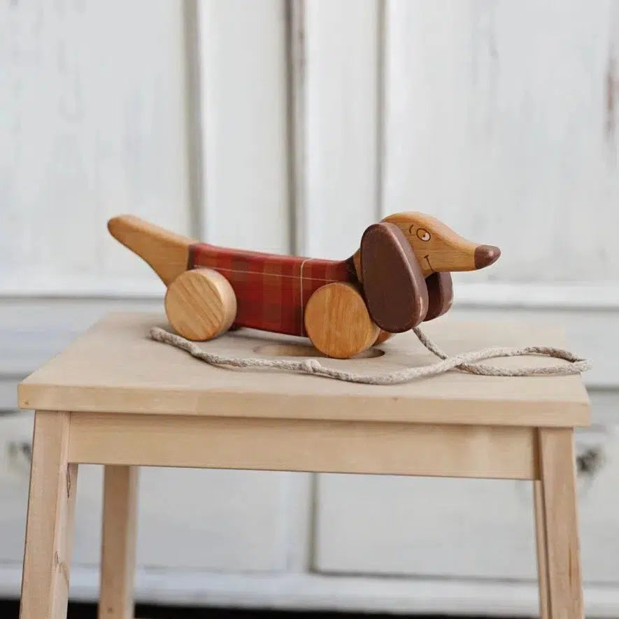 Friendly Toys - Handcrafted Pull Toy - Sausage Dog-Interactive-Green-Posh Baby