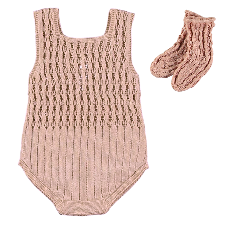 Li + Me (Made in Spain) - Knit Bubble Romper + Sock Set - Pale Rose-Footies + Rompers (Fashion)-1M-Posh Baby