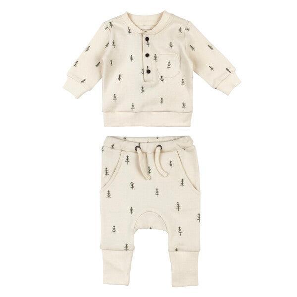 Lovedbaby - Organic Henley Long Sleeve Top + Pant Set - Buttercream Tree-Sets-0-3M-Posh Baby