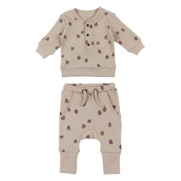 Lovedbaby - Organic Henley Long Sleeve Top + Pant Set - Oatmeal Pinecone-Sets-0-3M-Posh Baby