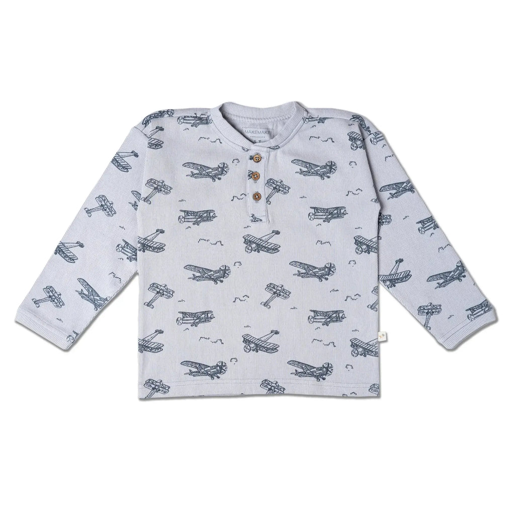 Makemake Organics - Long Sleeve Henley - Airplanes-Long Sleeves-12-18M-Posh Baby