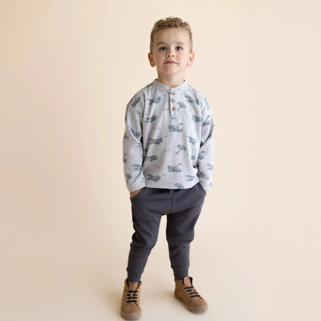 Makemake Organics - Long Sleeve Henley - Airplanes-Long Sleeves-12-18M-Posh Baby