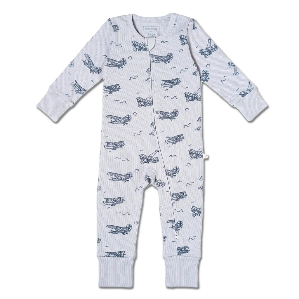 Makemake Organics - Two-Way Zipper Romper - Airplanes-Footies + Rompers (Basic)-0-3M-Posh Baby