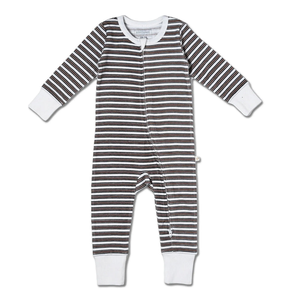 Makemake Organics - Two-Way Zipper Romper - Brown Stripe-Footies + Rompers (Basic)-0-3M-Posh Baby