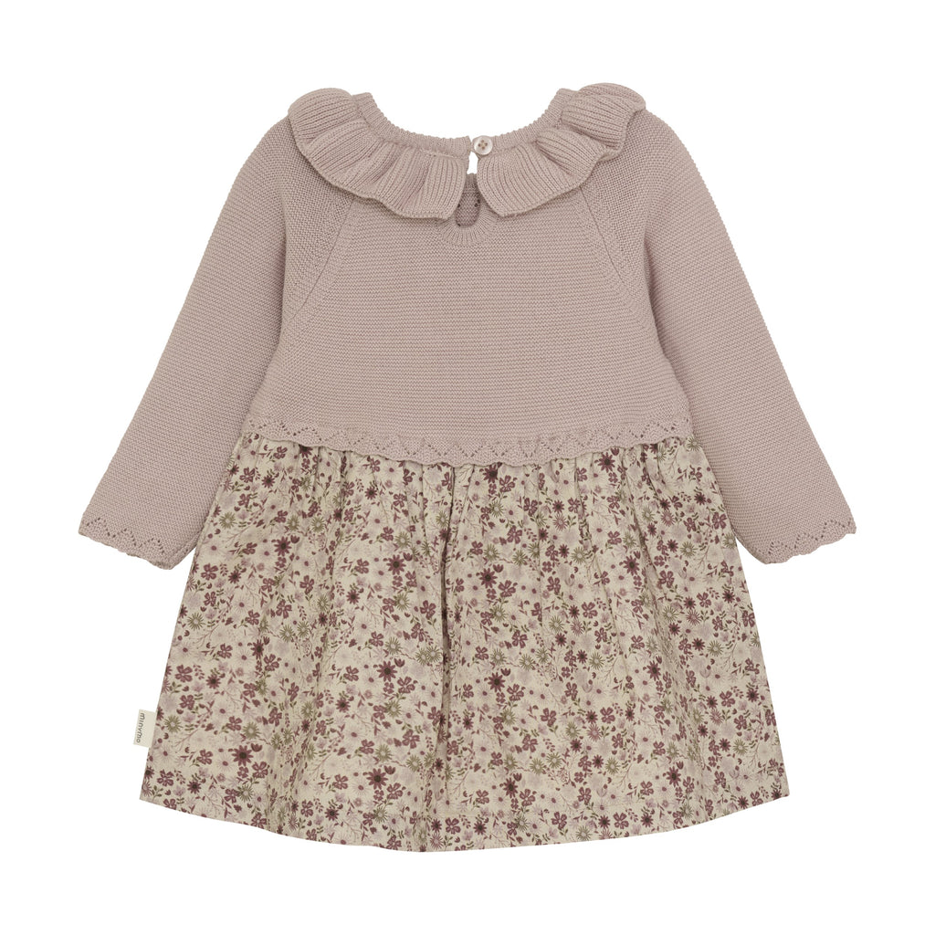 Minymo - Knit Cotton Long Sleeve Dress - Mauve Floral-Dresses-3-6M-Posh Baby
