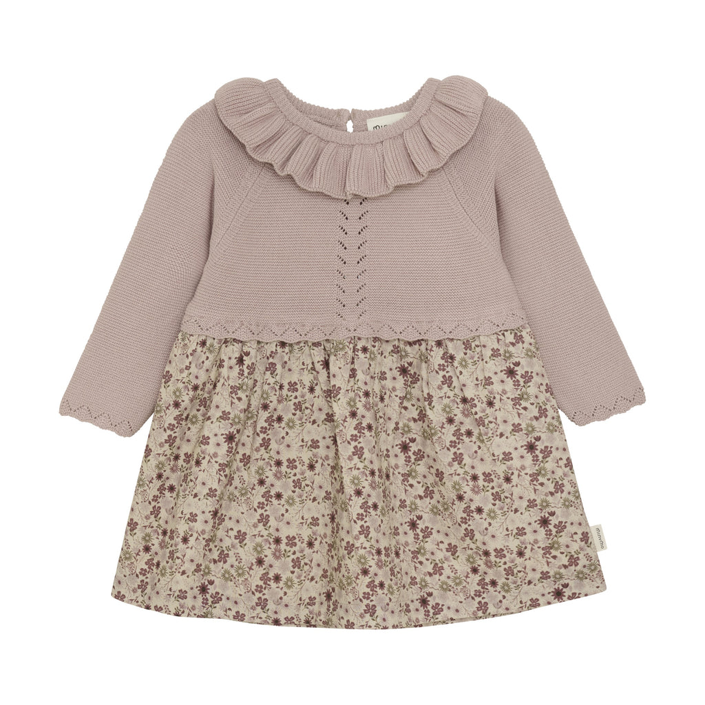 Minymo - Knit Cotton Long Sleeve Dress - Mauve Floral-Dresses-3-6M-Posh Baby