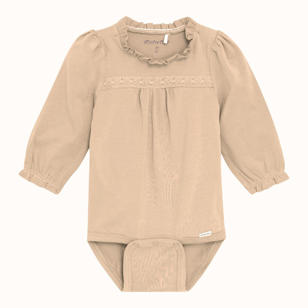 Minymo - Long Sleeve Ruffle Neck Bodysuit - Cream-Onesies-3-6M-Posh Baby