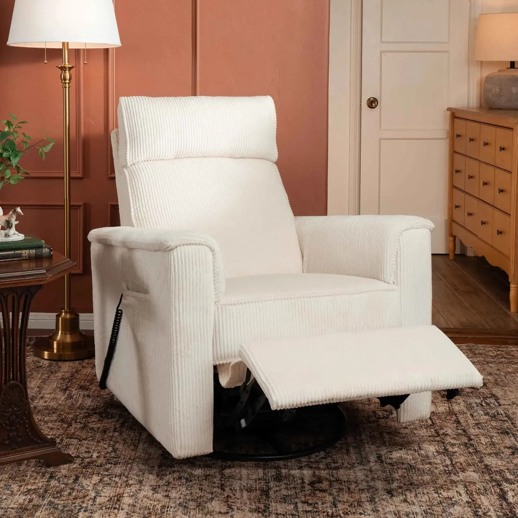 Monogram by Namesake - Willa Deluxe Heat + Massage Power Recliner w/ Adjustable Headrest - Ivory Corduroy (Boutique Exclusive)-Chairs-Posh Baby