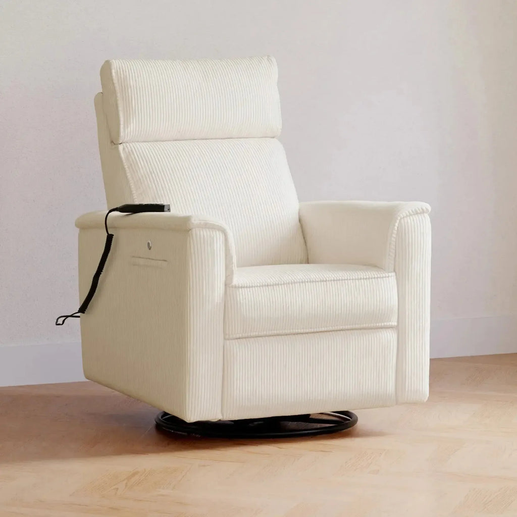 Monogram by Namesake - Willa Deluxe Heat + Massage Power Recliner w/ Adjustable Headrest - Ivory Corduroy (Boutique Exclusive)-Chairs-Posh Baby