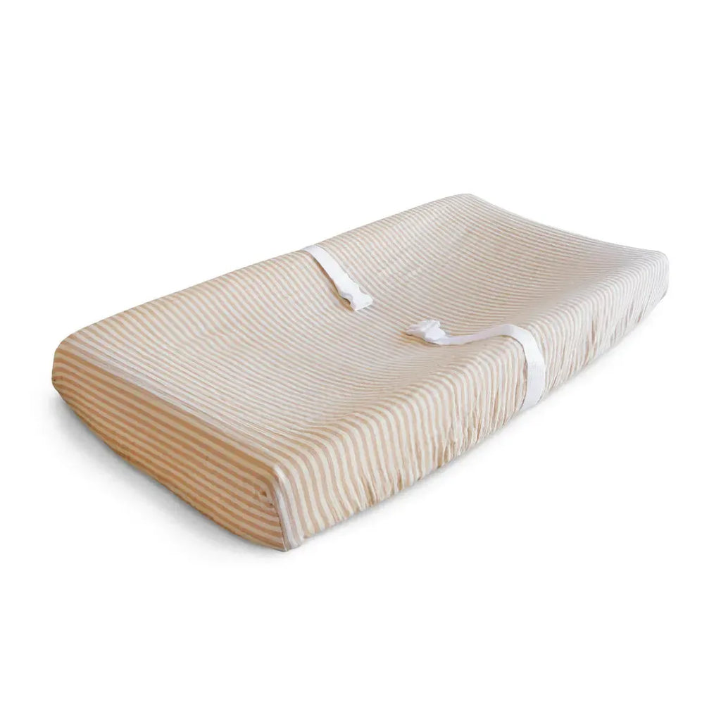 Mushie - Extra Soft Muslin Changing Pad Cover - Natural Stripe-Changing Pads + Covers-Posh Baby