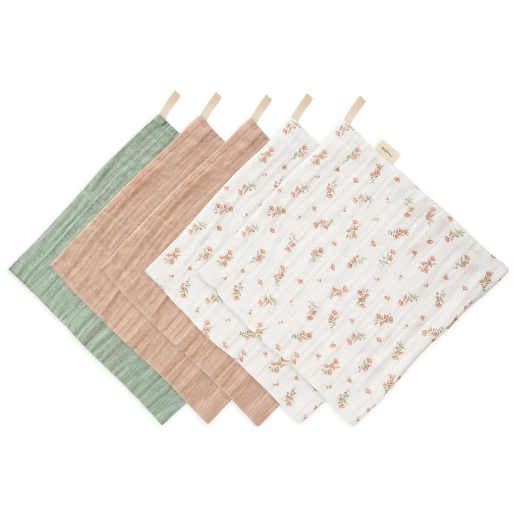 Mushie - Muslin Cotton Washcloth 5-Pack - Pink Flowers Combo-Towels + Washcloths-Posh Baby