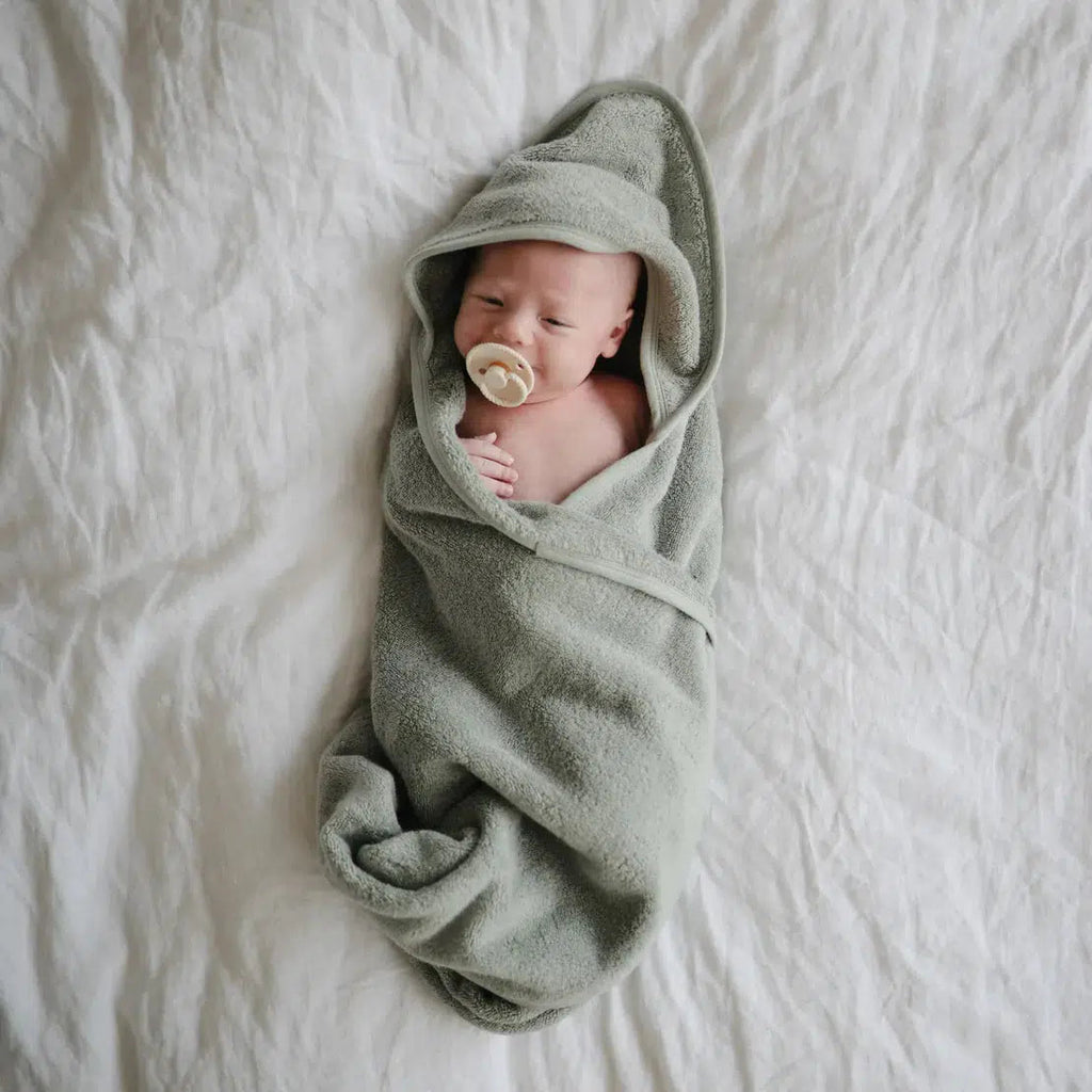 Mushie - Organic Cotton Baby Hooded Towel - Moss-Towels + Washcloths-Posh Baby