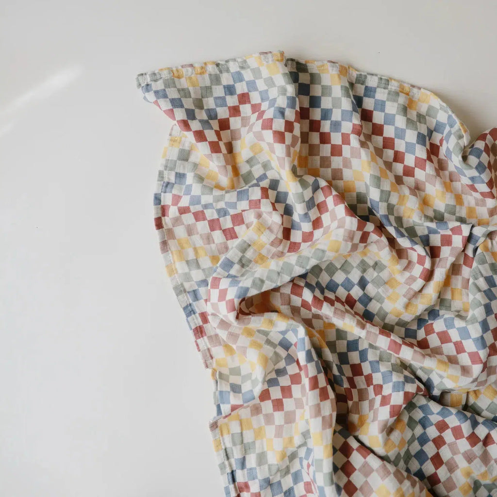 Mushie - Organic Cotton Muslin Swaddle Blanket - Check-Swaddle Blankets-Retro-Posh Baby