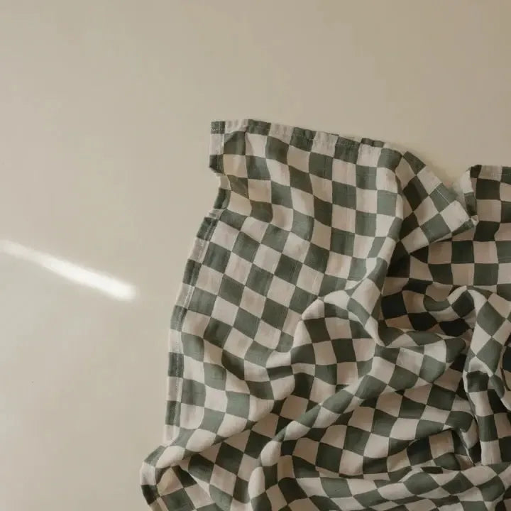 Mushie - Organic Cotton Muslin Swaddle Blanket - Check-Swaddle Blankets-Retro-Posh Baby