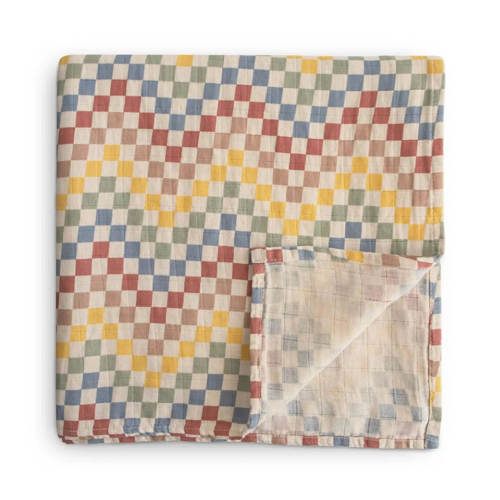 Mushie - Organic Cotton Muslin Swaddle Blanket - Check-Swaddle Blankets-Retro-Posh Baby