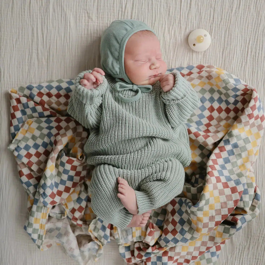 Mushie - Organic Cotton Muslin Swaddle Blanket - Check-Swaddle Blankets-Retro-Posh Baby