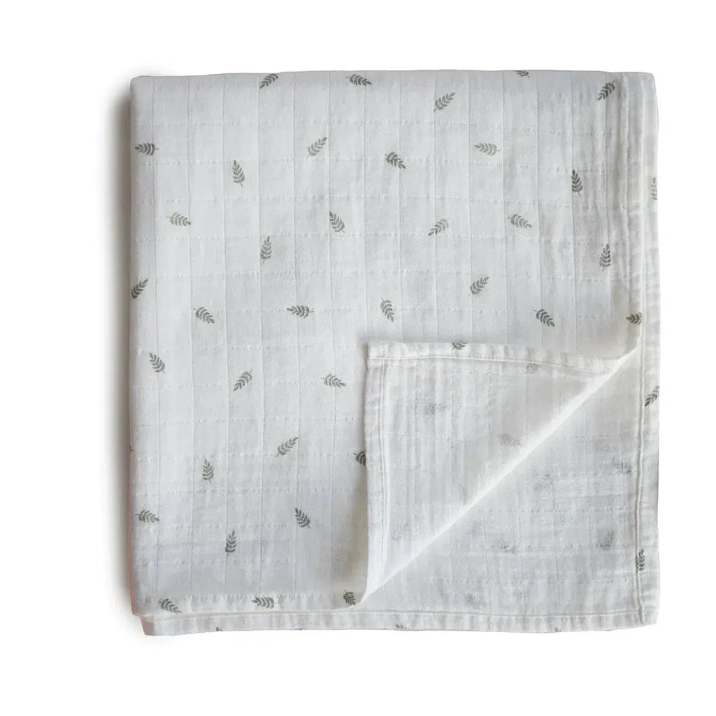 Mushie - Organic Cotton Muslin Swaddle Blanket - Leaves-Swaddle Blankets-Posh Baby