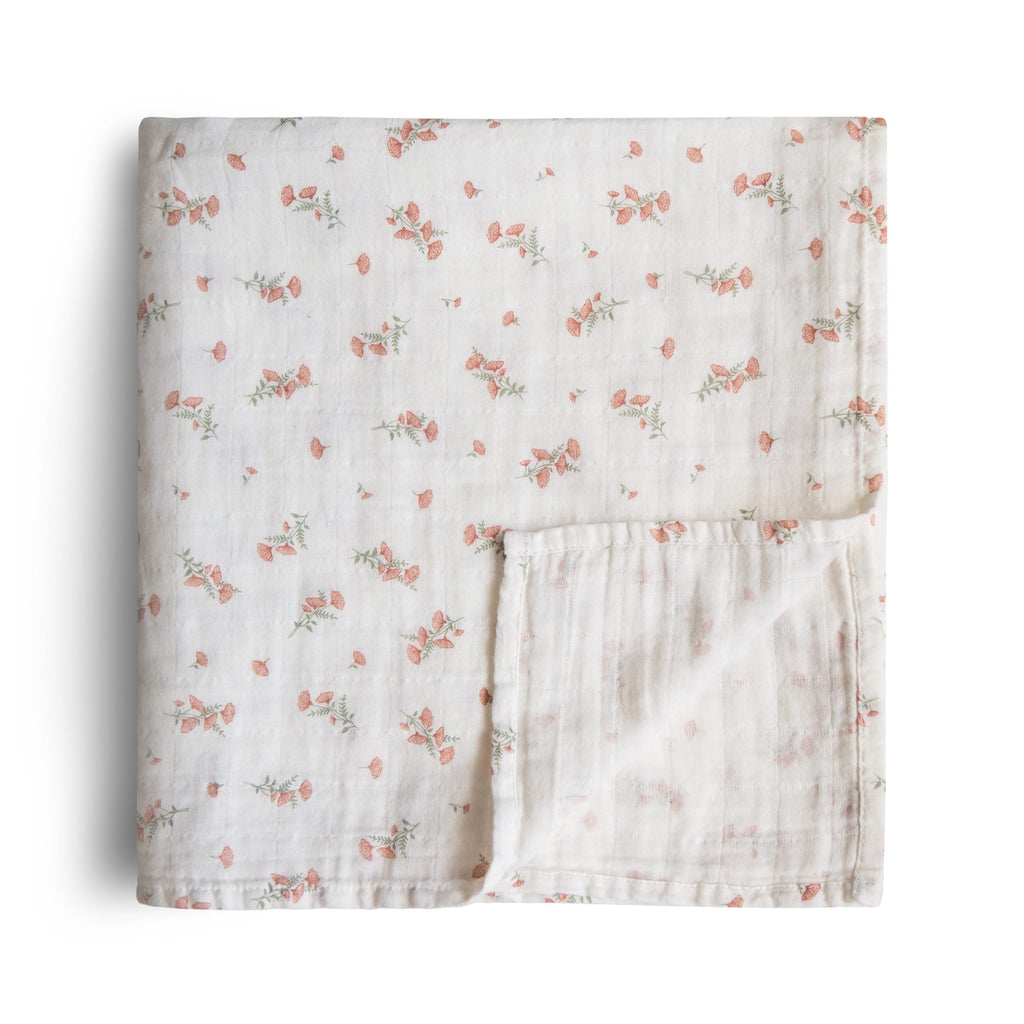 Mushie - Organic Cotton Muslin Swaddle Blanket - Pink Flowers-Swaddle Blankets-Posh Baby