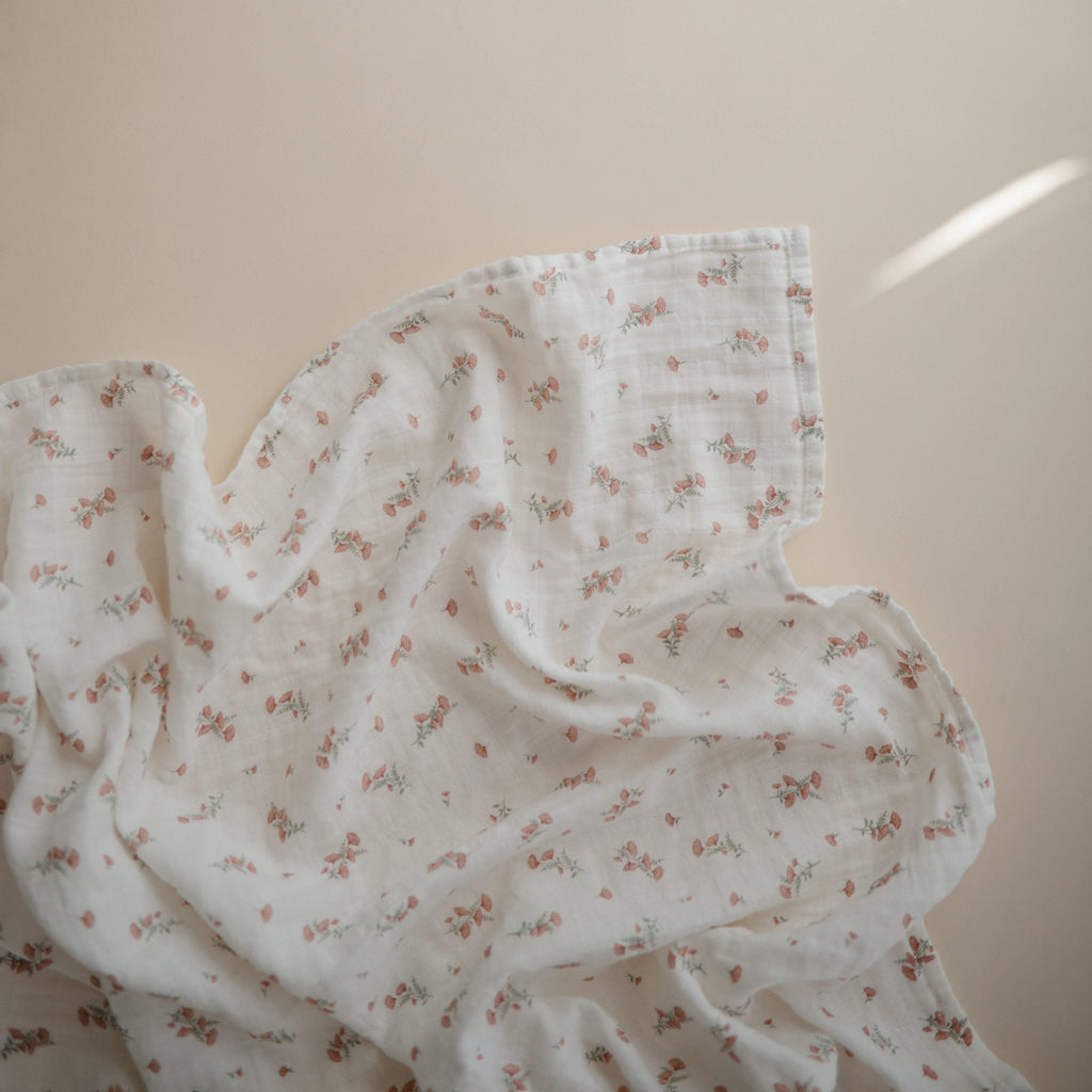 Mushie - Organic Cotton Muslin Swaddle Blanket - Pink Flowers-Swaddle Blankets-Posh Baby