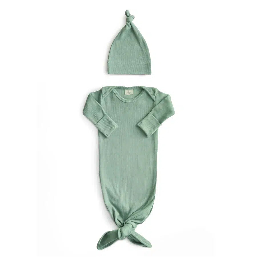 Mushie - Organic Ribbed Cotton Knotted Gown + Hat Sets-Infant Gowns-Roman Green-0-3M-Posh Baby