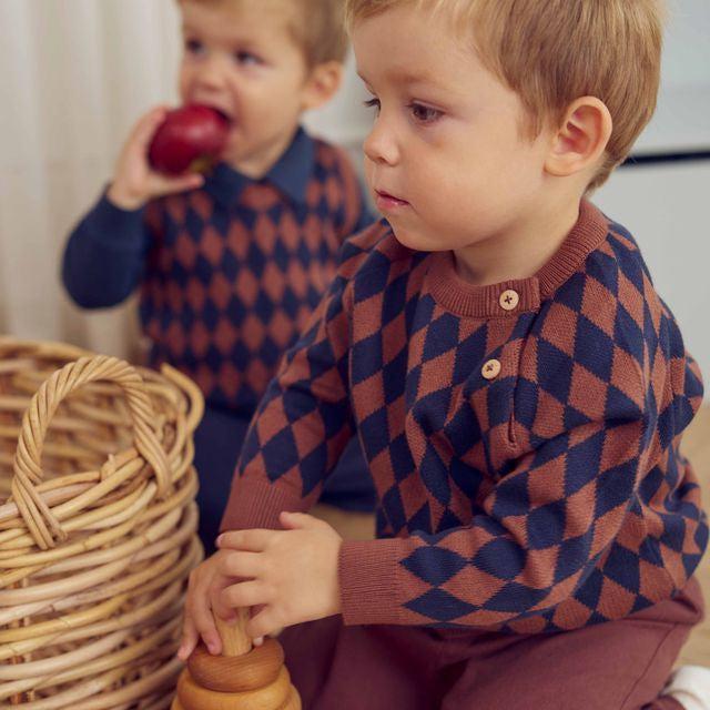 Musli - Organic Knit Sweater - Rust Harlequin-Sweaters + Cardigans + Jackets-0-3M-Posh Baby
