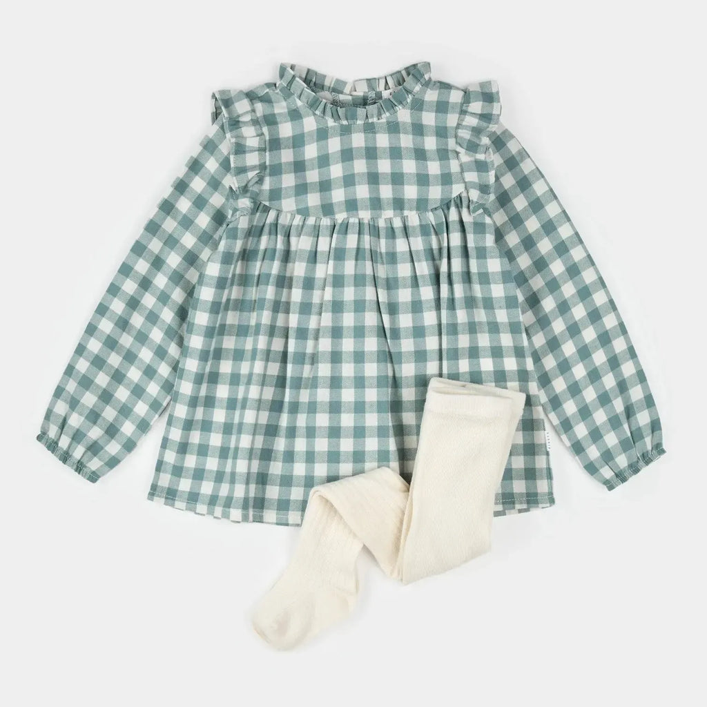 Petit Lem - Organic Brushed Twill Dress + Tights Set - Teal Gingham-Dresses-3-6M-Posh Baby