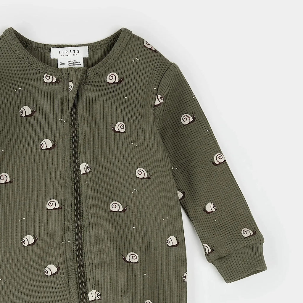 Petit Lem - Organic Cotton Ribbed Zipper Footie - Snail-Footies + Rompers (Basic)-Newborn-Posh Baby