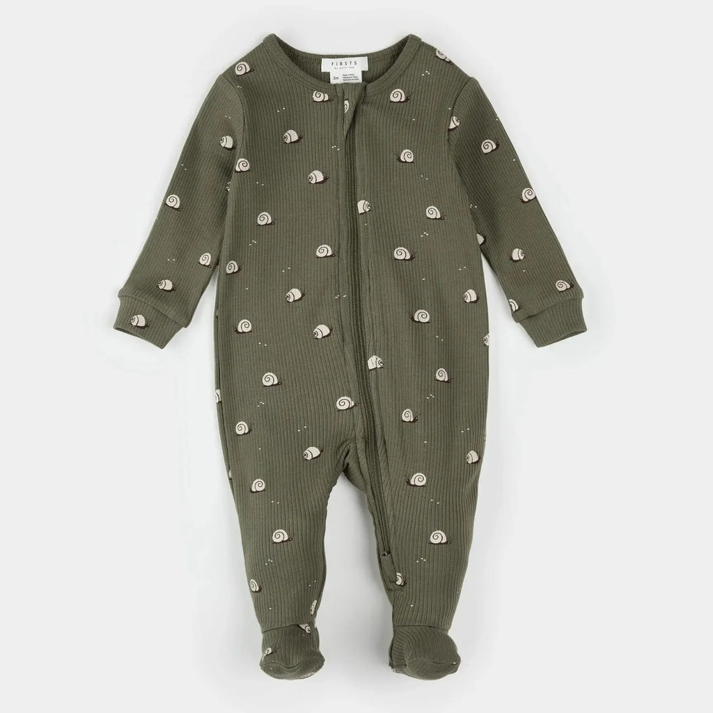 Petit Lem - Organic Cotton Ribbed Zipper Footie - Snail-Footies + Rompers (Basic)-Newborn-Posh Baby